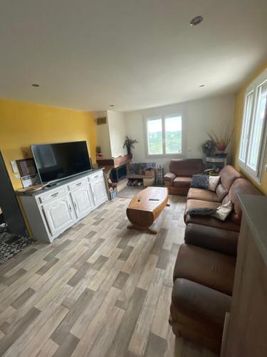 un salon avec un canapé et une télévision à écran plat dans l'établissement Chez Chantal, à Capendac