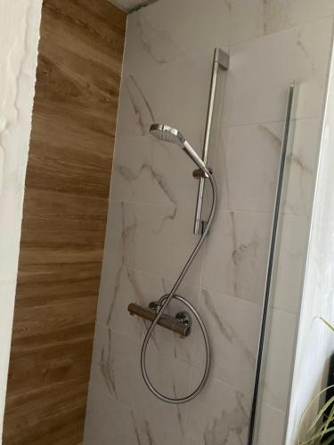 La salle de bains est pourvue d'une douche et d'un mur en marbre. dans l'établissement Chez Chantal, à Capendac