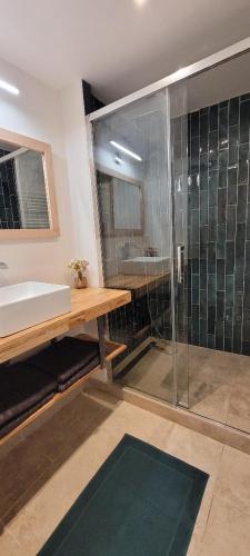 une salle de bain avec une douche en verre et un lavabo dans l'établissement Magnifique LOFT Déco sur le port et à 5mn des plages wifi Clim 85 m2, à La Ciotat