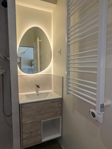 une salle de bain avec un lavabo et un miroir dans l'établissement T2 à 15 minutes de Paris, à Gennevilliers