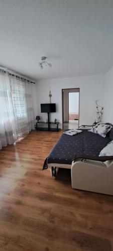 a bedroom with a bed and a television in it at Apartament Laura in Orşova