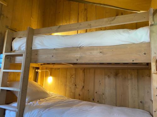 Cette chambre en bois dispose de 2 lits superposés et d'une échelle. dans l'établissement LODGE Champêtre Glamping, à Chadenac