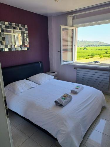 a bedroom with a white bed with two towels on it at Chez Florence Ammerschwihr in Ammerschwihr