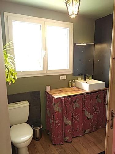 La salle de bains est pourvue de toilettes, d'un lavabo et de 2 fenêtres. dans l'établissement Maison avec jardin à Figeac, à Figeac