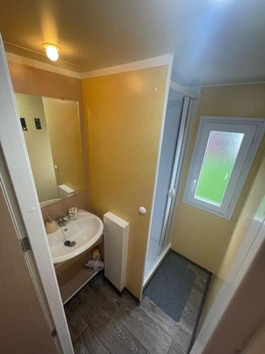 a small bathroom with a sink and a mirror at Casă mobilă 3 in Constanţa