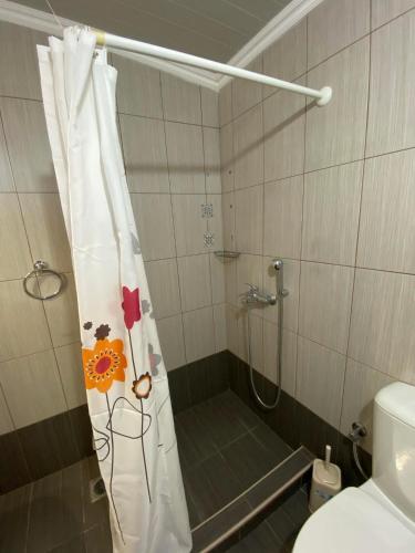 a bathroom with a shower with a shower curtain with flowers at Sappir House in Pigadhákia