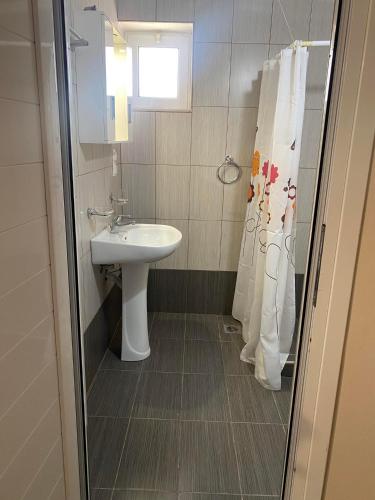 a bathroom with a sink and a toilet and a shower at Sappir House in Pigadhákia