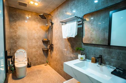 une salle de bain avec un lavabo, des toilettes et un miroir dans l'établissement The Paradise Apartment - 68 Luong Van Thang, Ninh Binh City, à Ninh Binh