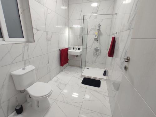 a white bathroom with a shower and a toilet at Charming Townhouse - Steps from Waterfront in Marsaxlokk