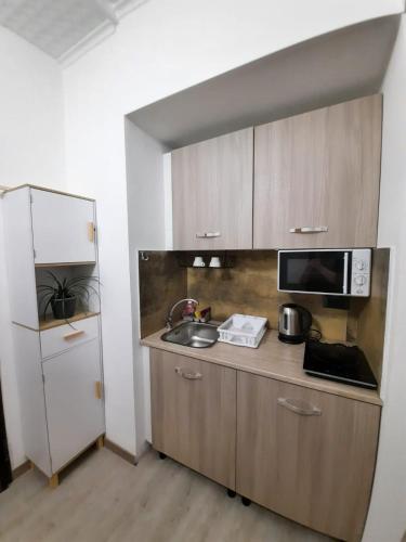 a small kitchen with a sink and a microwave at Viccinella House in Capranica