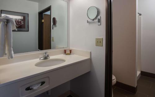 a bathroom with a sink and a mirror and a toilet at Coast Hilltop Inn in Pullman