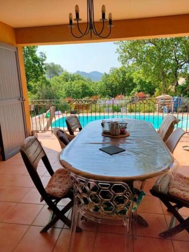 - une table et des chaises sur une terrasse avec piscine dans l'établissement L'ôm de Séve un petit coin de paradis, à Forcalqueiret
