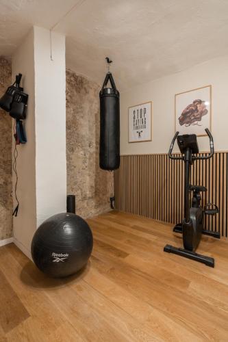 une salle avec une salle de sport avec un grand ballon d'exercice dans l'établissement Merveilleux appartement en pleins coeurs du Marais, à Paris
