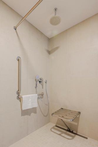 a bathroom with a shower with a towel rack at Hotel Tříška in Brandýs nad Labem