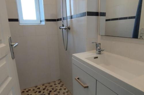 une salle de bain avec une douche, un lavabo et un miroir dans l'établissement Charmante maison du marché de Domino, à Les Sables Vignier