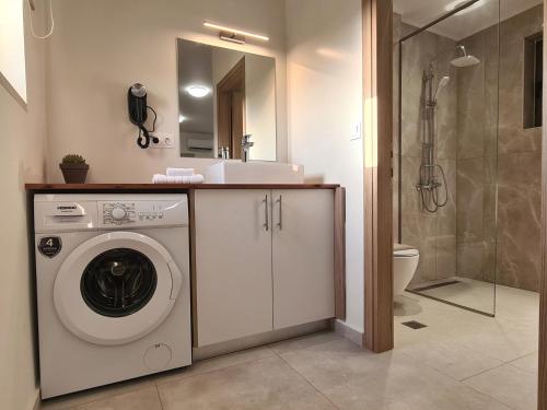 a bathroom with a washing machine and a shower at Rosmari studios in Falasarna