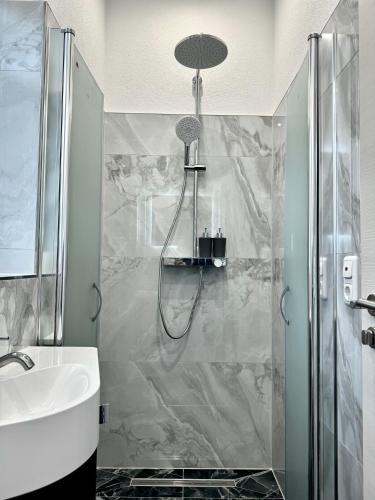 a bathroom with a shower and a sink at Micro Apartment Leipzig 2 in Leipzig