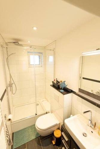 a bathroom with a toilet and a sink and a shower at Schöne EG-Wohnung Heiligenhaus in Heiligenhaus