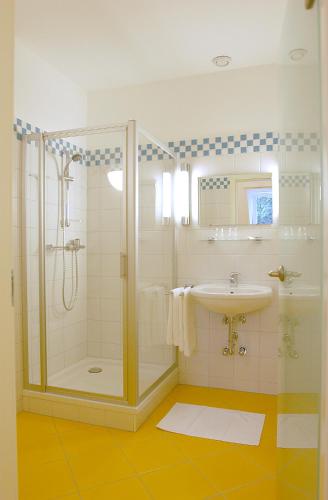 a bathroom with a shower and a sink at Villa Sonnwend National Park Lodge in Rossleithen