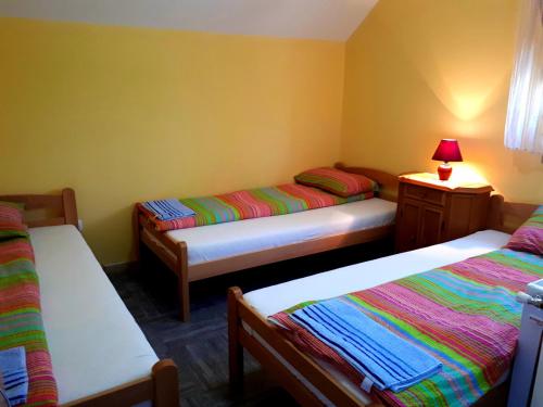 a room with two beds and a table with a lamp at Vila Vitezov Mir - Drina in Vrhpolje