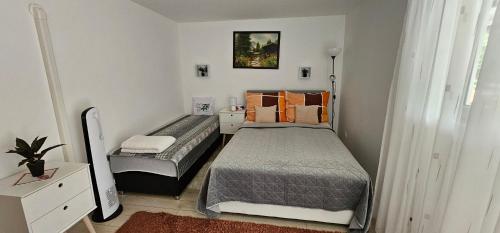 a room with two beds in a room at SZŐLŐFÜRT-FA-HÁZ VÁSÁROSNAMÉNY-GERGELYIUGORNYA in Vásárosnamény