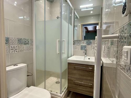 une salle de bain avec une douche, des toilettes et un lavabo dans l'établissement Maison 2 pièces avec mezzanine, climatisée, proche plages, terrasse et parking – Argelès-sur-Mer - FR-1-225-106, à Argelès-sur-Mer