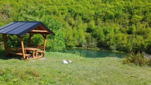 a gazebo sitting in the grass next to a river at Vikendica Davidović in Landeke