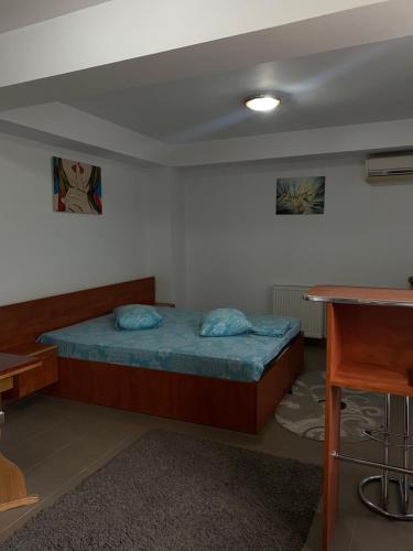 a room with a bed and a table in it at Quiet Garden 1st Floor in Bucharest