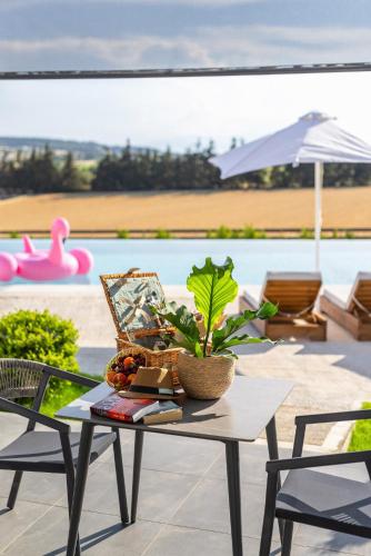 a table with a plant on it next to a pool at Sani Gulf I & II in Sani Beach