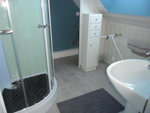 une salle de bain avec une douche, des toilettes et un lavabo dans l'établissement entre ville et mer, à Lanester