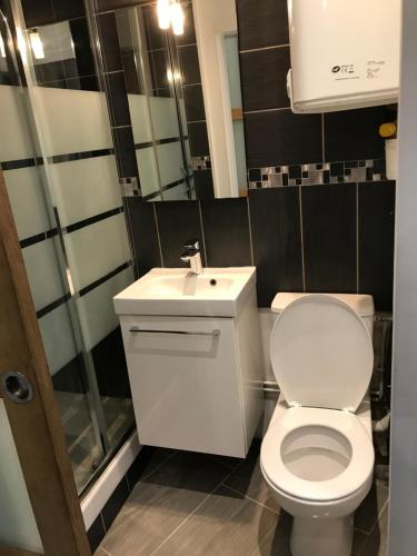 une salle de bain avec des toilettes blanches et un lavabo dans l'établissement Plein coeur de Paris, à Paris