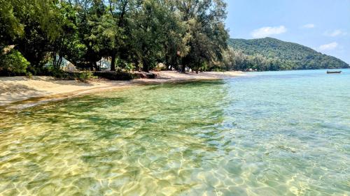 a beach with clear water and trees on the shore at KAMAKU Bungalows in Koh Rong Sanloem