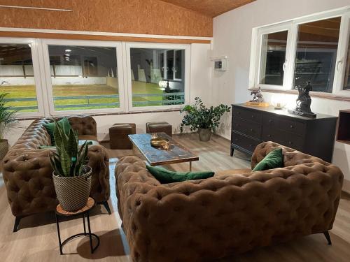 ein Wohnzimmer mit zwei Sofas und einem Tisch in der Unterkunft Trinity Ranch in 