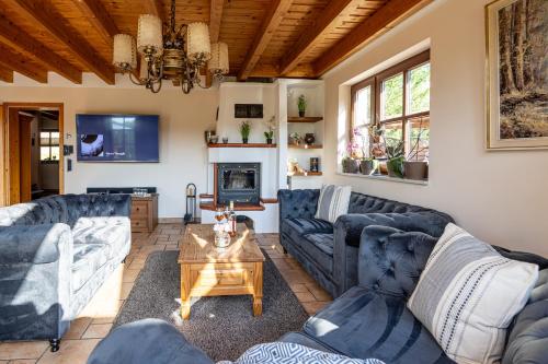 a living room with blue couches and a table at Wellnessparadies mit Sauna und Whirlpool in Krakow am See