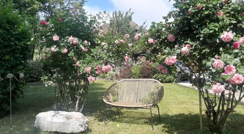 une chaise assise dans l'herbe devant des roses dans l'établissement PetiteViolette, à Annecy