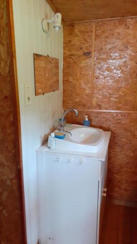 La salle de bains est pourvue d'un lavabo blanc. dans l'établissement Ferme La Viste, à La Roche-sur-le-Buis