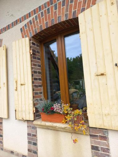 a window with shutters and flowers in a window box at Les hirondelles in Les Gallichets