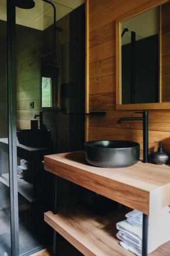 La salle de bains est pourvue d'un lavabo noir sur le comptoir. dans l'établissement BANDIAT Le Domaine, à Fargeas