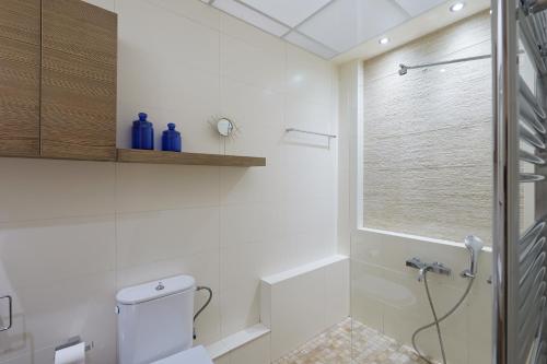 a bathroom with a toilet and a glass shower at Stenaki - Apartments in Aegina Town in Aegina Town