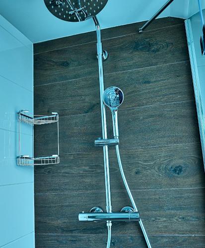 a shower in a bathroom with a wooden floor at Apartments Lipa Plac in Postojna
