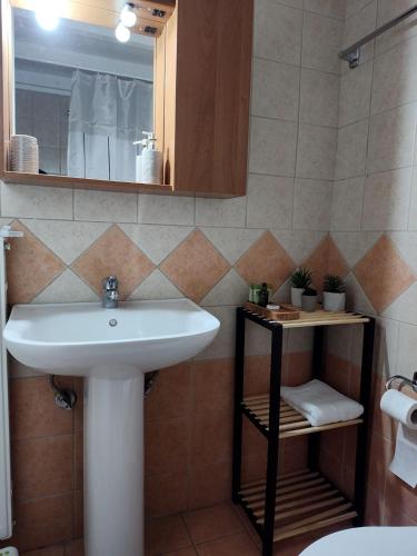 a bathroom with a sink and a mirror at Evi's house in Nikiana