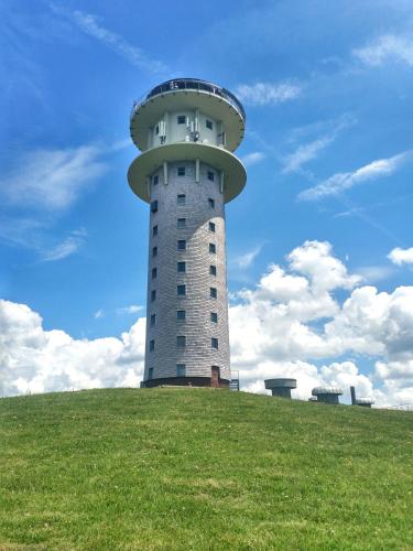 a tower on top of a grassy hill with a sky at Schwarzwaldhaus Krebs - Villa Kunterbunt, Lenzkirch, Feldberg in Lenzkirch