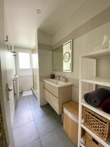 une salle de bain avec un lavabo et un miroir dans l'établissement Bel appartement Nantes, à Nantes