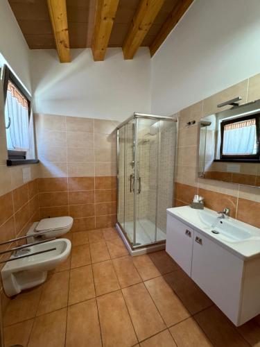 a bathroom with a shower and a toilet and a sink at Antico borgo Rinaldi in Circello