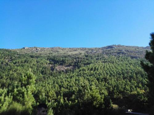 a man standing in front of a tree covered mountain at Mirada Do Roxo in Oia