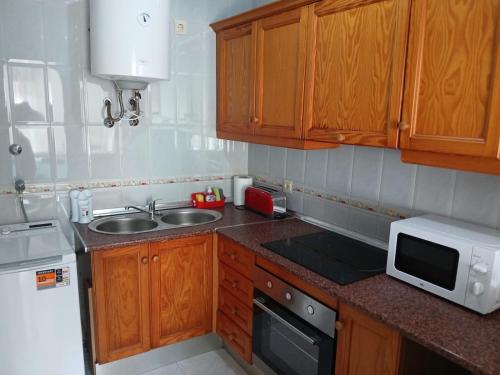 Una pequeña cocina con fregadero y microondas. en apartamento Cabo de Gata, en Cabo de Gata
