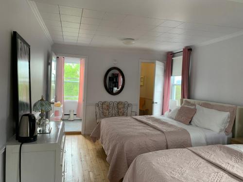a bedroom with two beds and a mirror at Maison Charles Edmond in Grandes-Bergeronnes