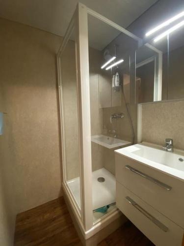 une salle de bain blanche avec une douche et un lavabo dans l'établissement Iris 1 appartement T3 proche du Linga - Multipass inclu, à Châtel
