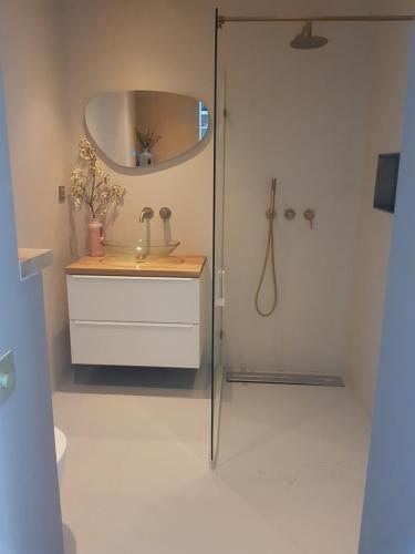 a bathroom with a shower and a sink and a mirror at Beach House Bonna - free parking & bikes in Scheveningen