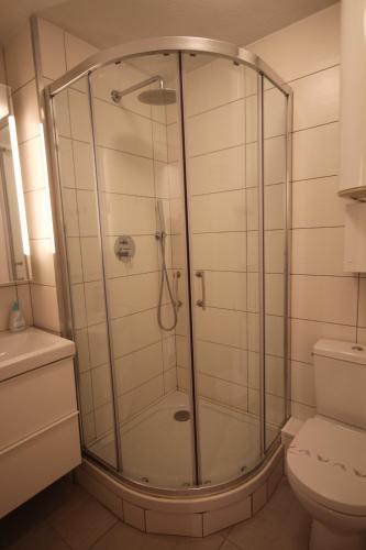 une cabine de douche dans une salle de bain avec toilettes dans l'établissement Belle villa 2 chambres terrasse vue réserve naturelle dans résidence sécurisée avec piscine commune 800m de la mer LRCS50, à Portiragnes